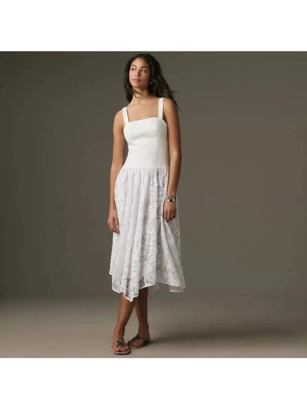 Anthropologie‎ Pilcro Ivory Sleeveless Drop-Waist Lace Midi Dress 10 White Party